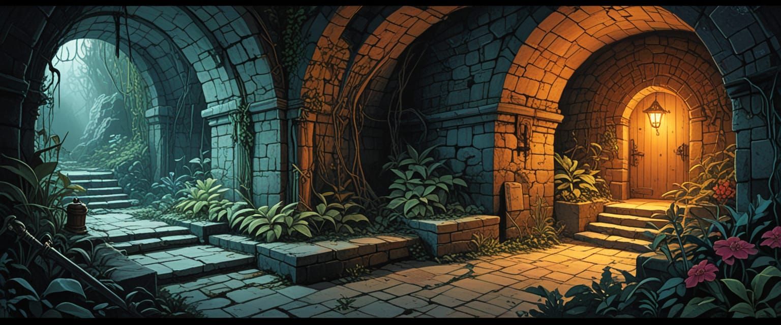 Mysterious Dungeon Passageway with Goblins and Treasure