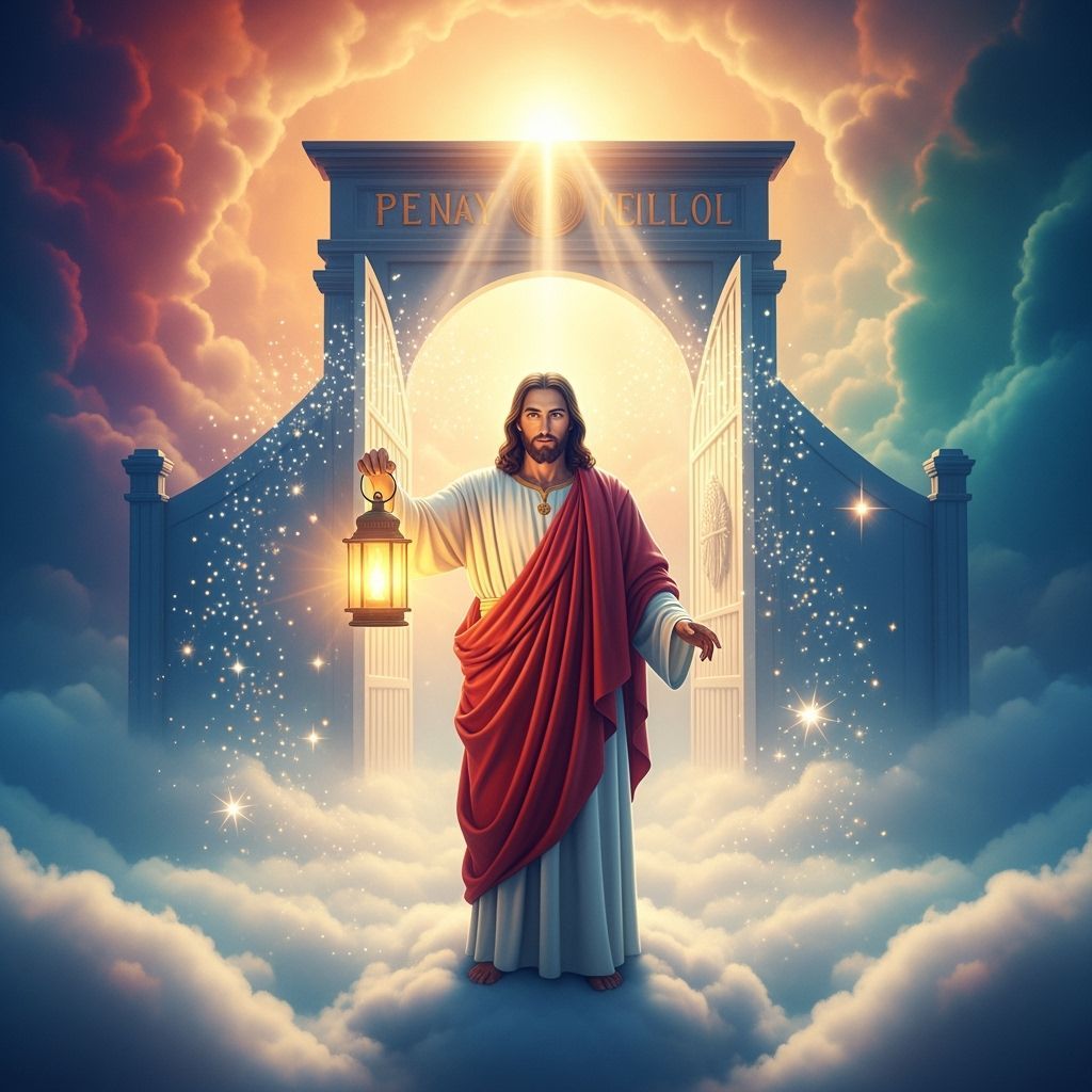Jesus at Pearly Gates with Lantern in Digital Art Style