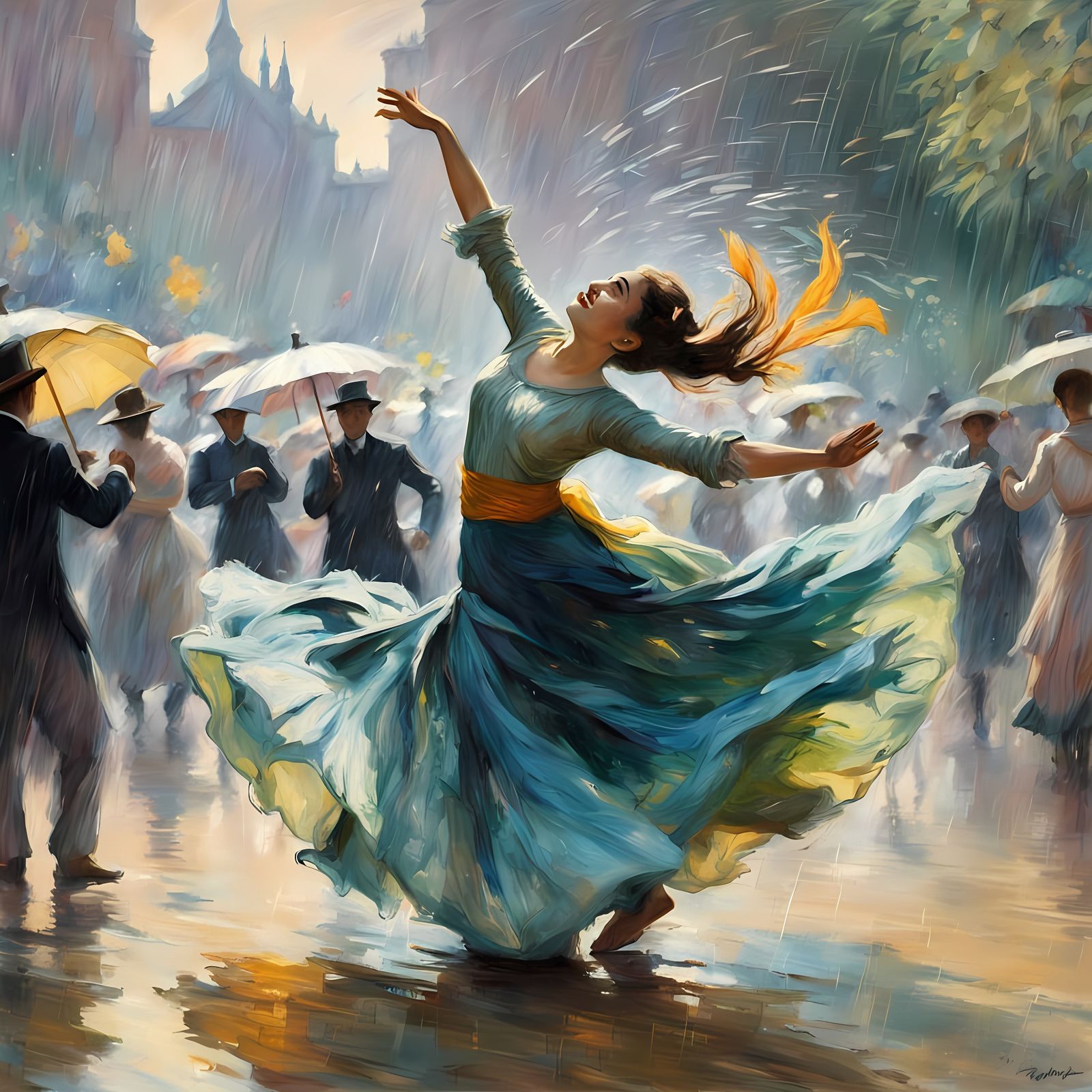 Woman Dancing in Rainy Impressionistic Style