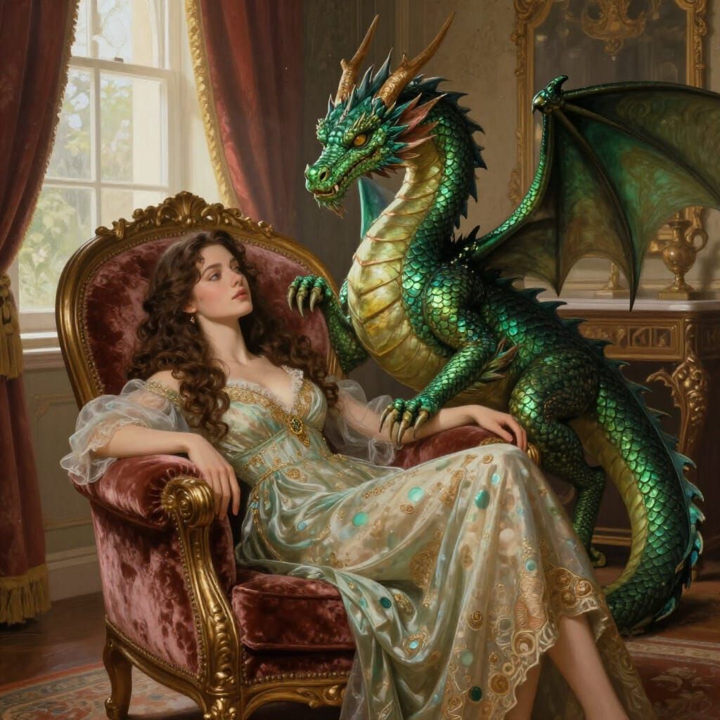 Wealthy Woman with Pet Dragon in Painterly Style