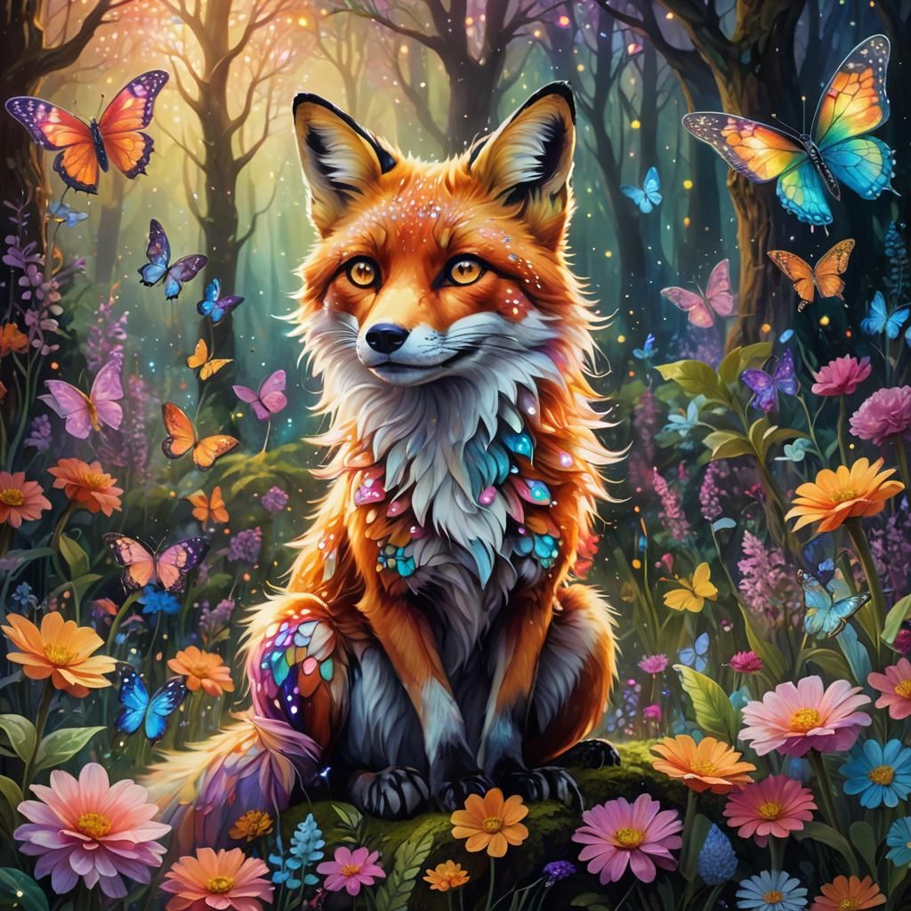 Fox-Butterfly Hybrid in Enchanted Forest, Fantasy Concept Ar...