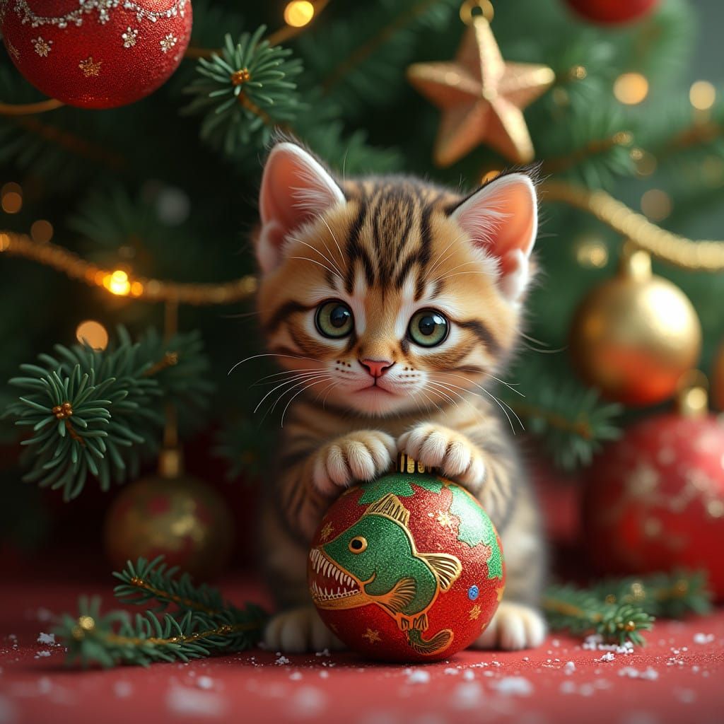 Whimsical Tabby Kitten Under Sparkling Christmas Tree