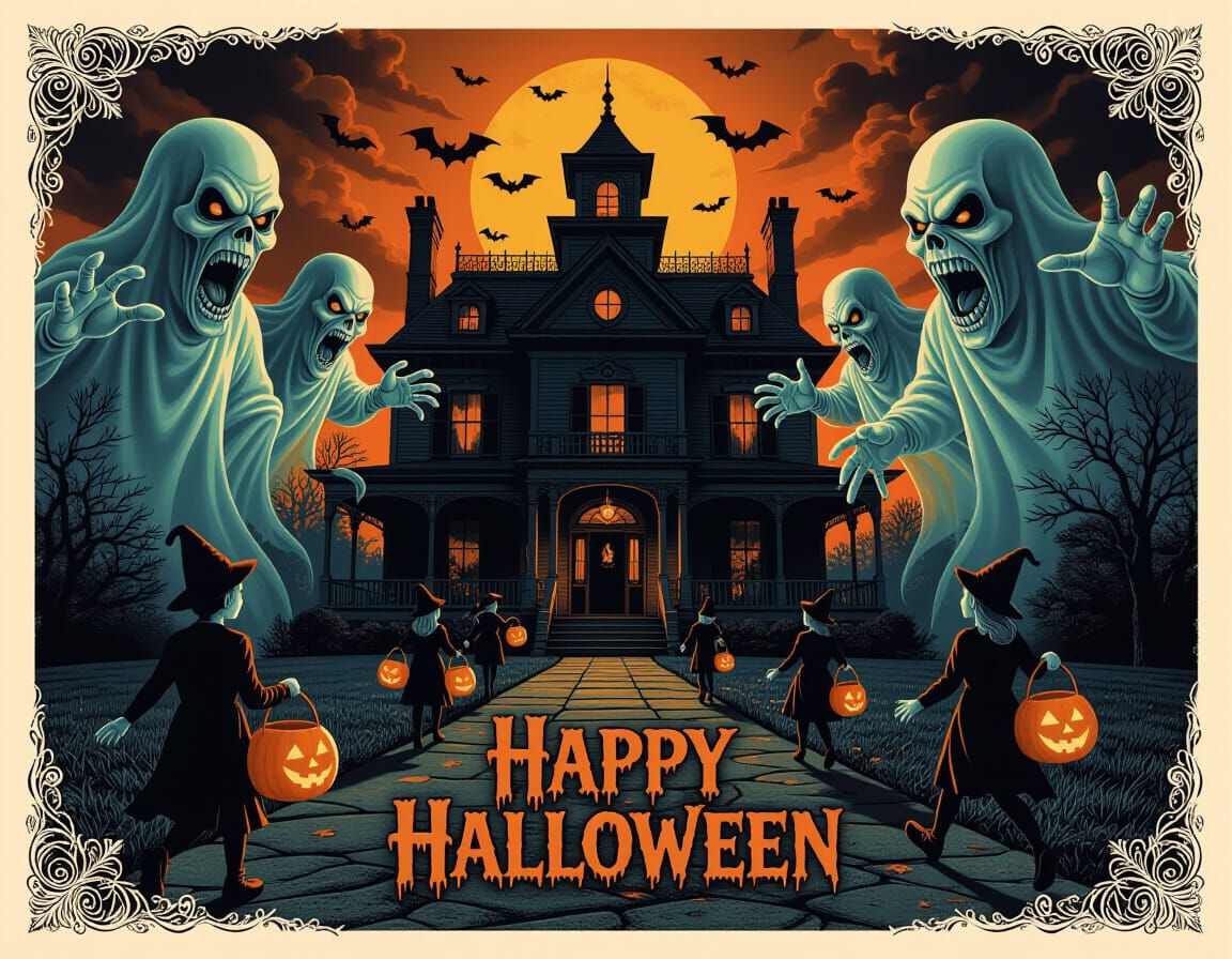 Haunted Manor Halloween Scene with Sheet Ghosts