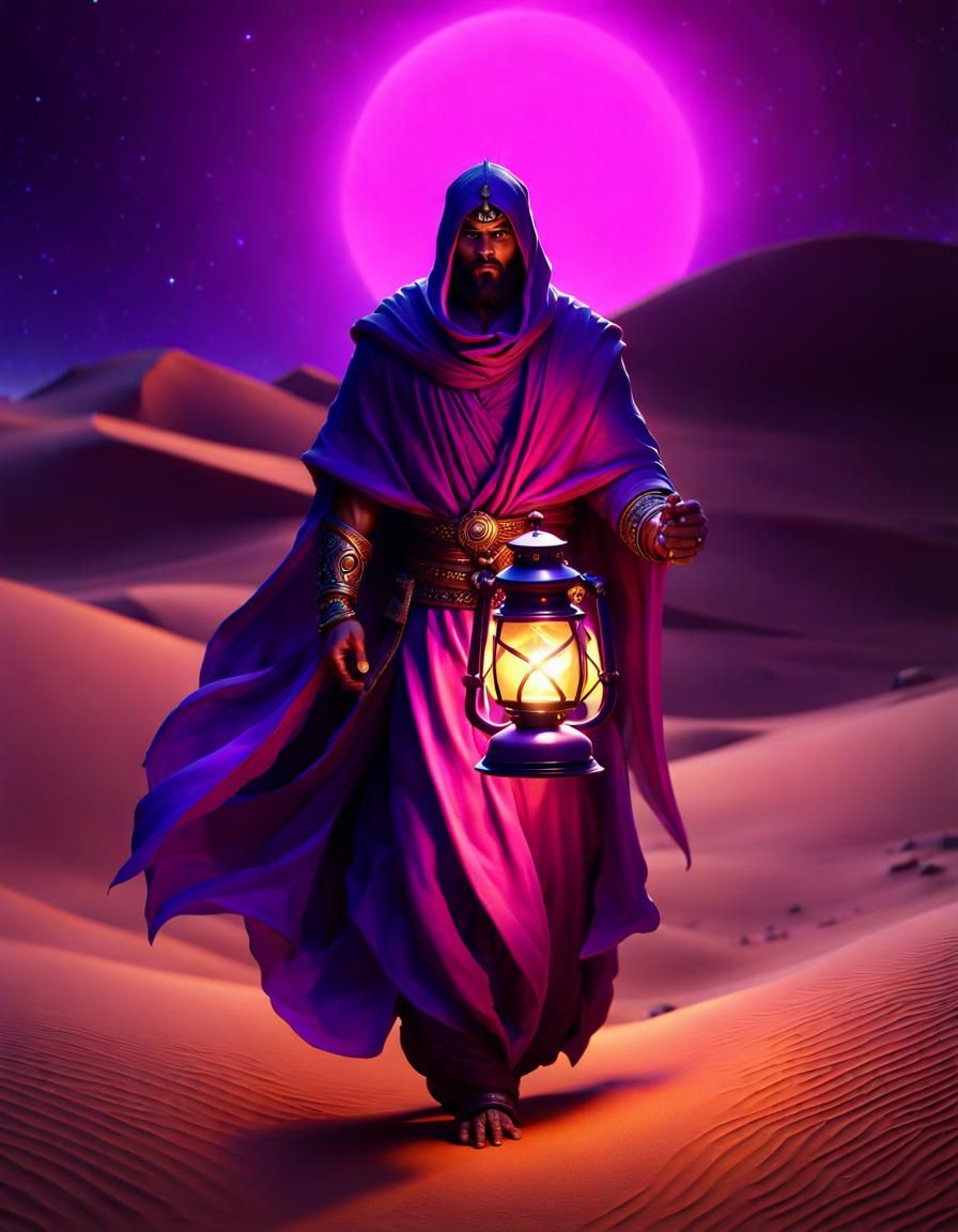 Djinn Walking in Desert with Lantern