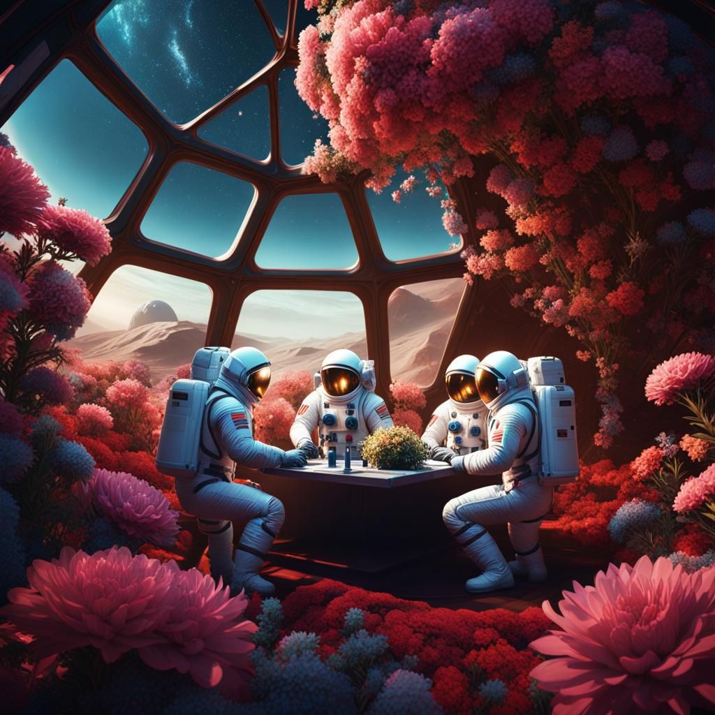 Lunar Greenhouse: Astronauts tending Flowers in Dome