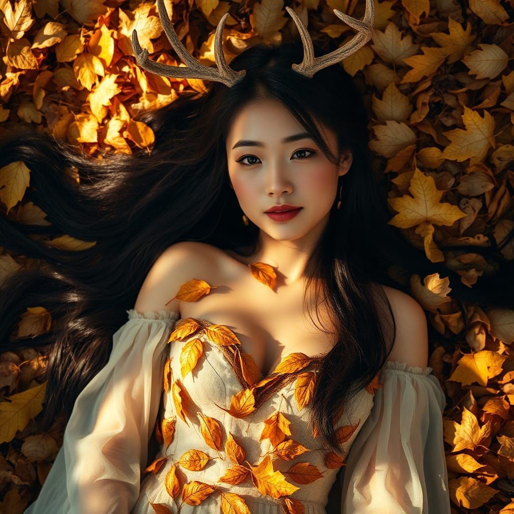 Asian Woman in Autumn Leaves with Antler Crown