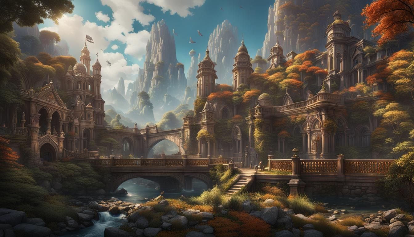 Fantastical Gathering in Deep Color, Detailed Matte Painting