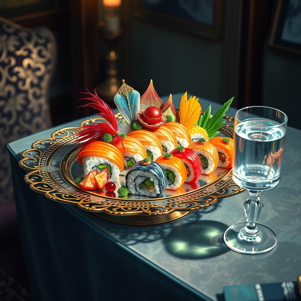 Ornate Sushi Plate in Dreamlike Surrealist Style