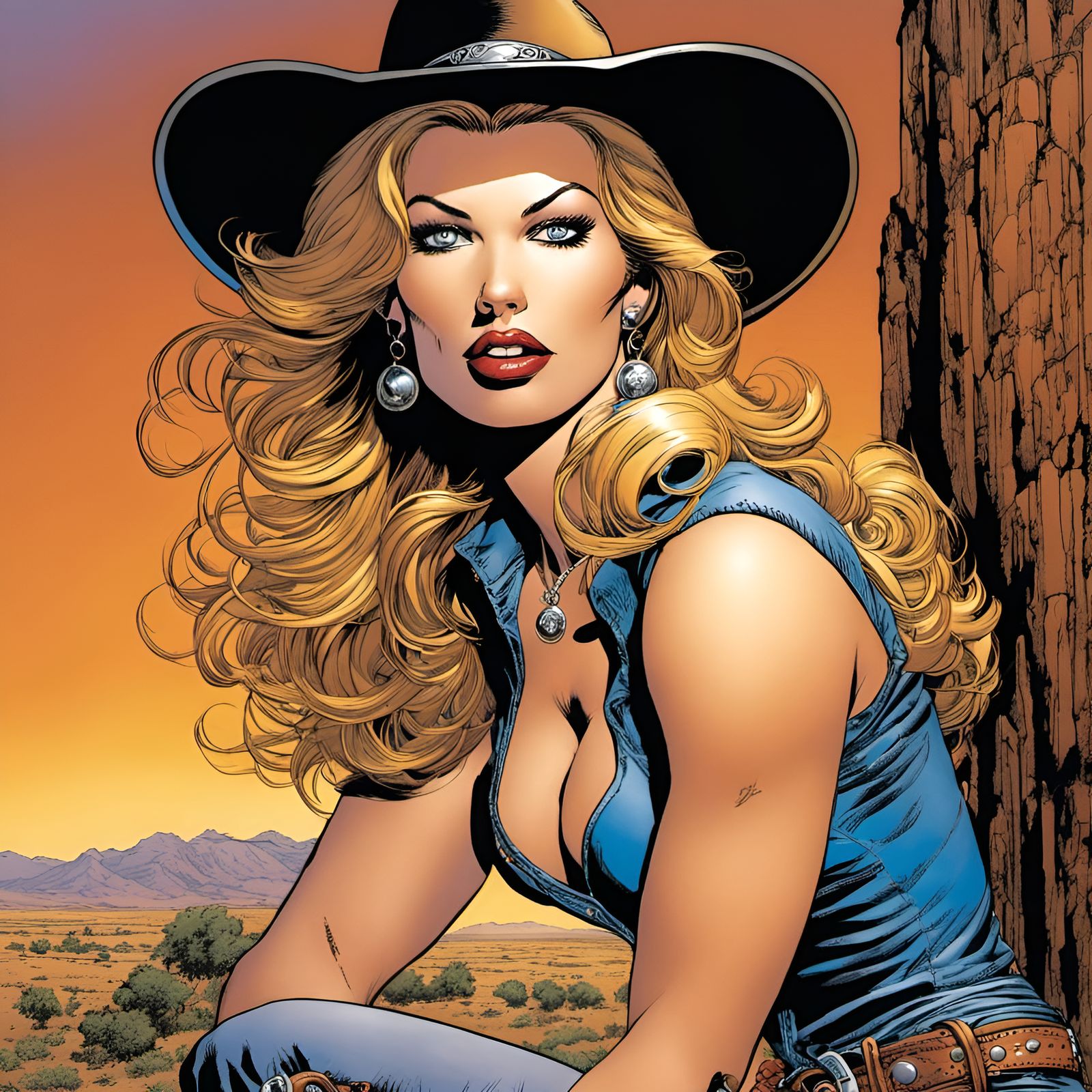 Femme Fatale Cowgirl Art in Comic Book Style
