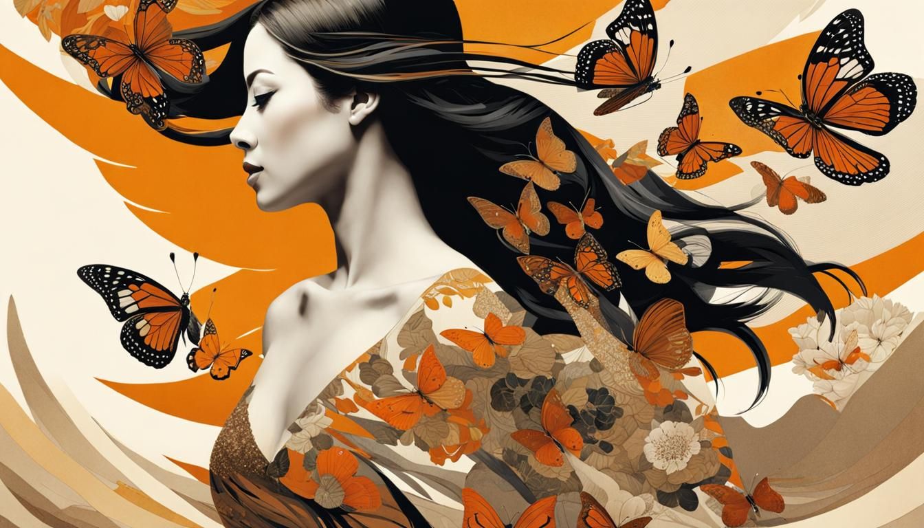 Ethereal Woman Riding Horse With Butterflies: Double Exposur...