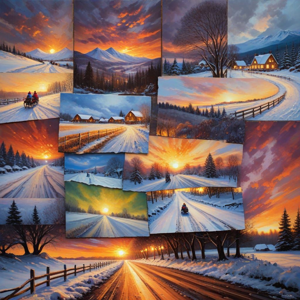 Impasto Collage of Winter Landscapes Unite