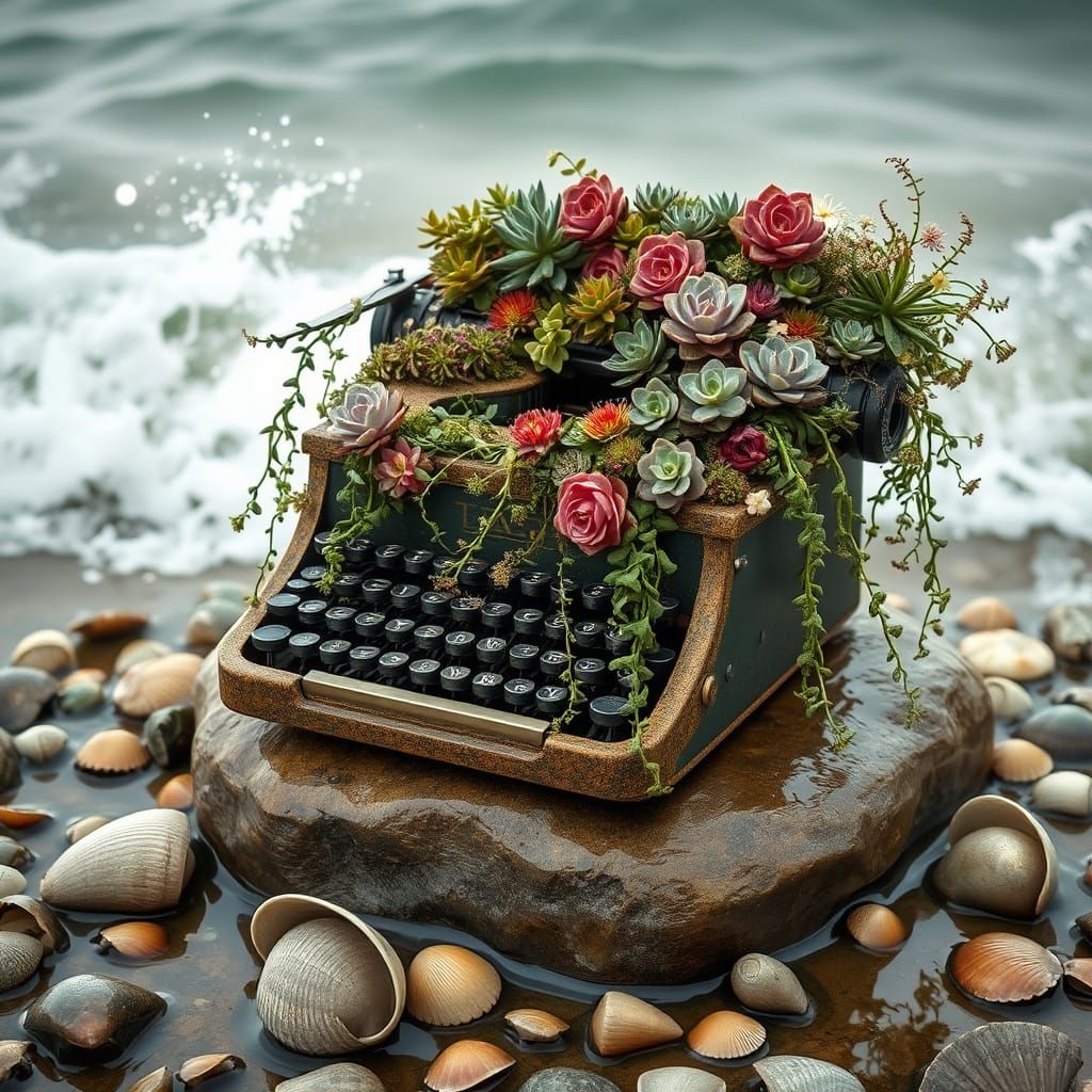 Typewriter Garden on Ocean Shore in Nostalgic Style
