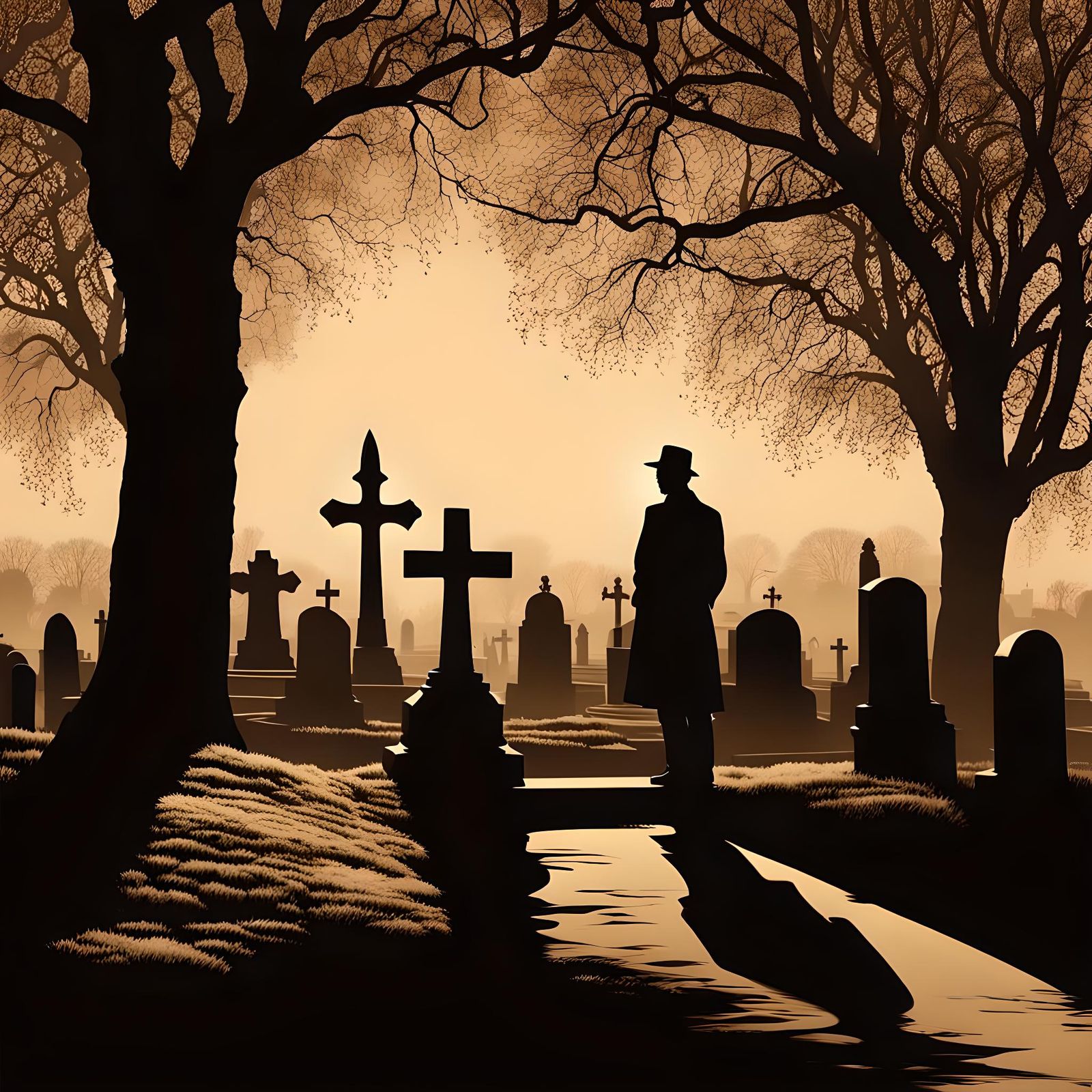 Sepia Silhouette: Lonely Man in Cemetery