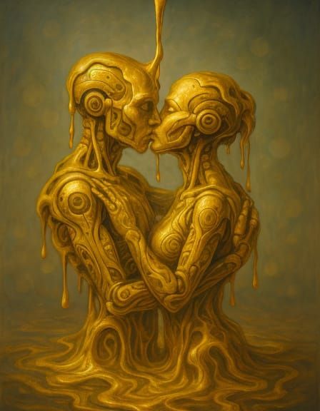 Surreal Robots in a Golden Kiss, Inspired by Dali's Dreamsca...