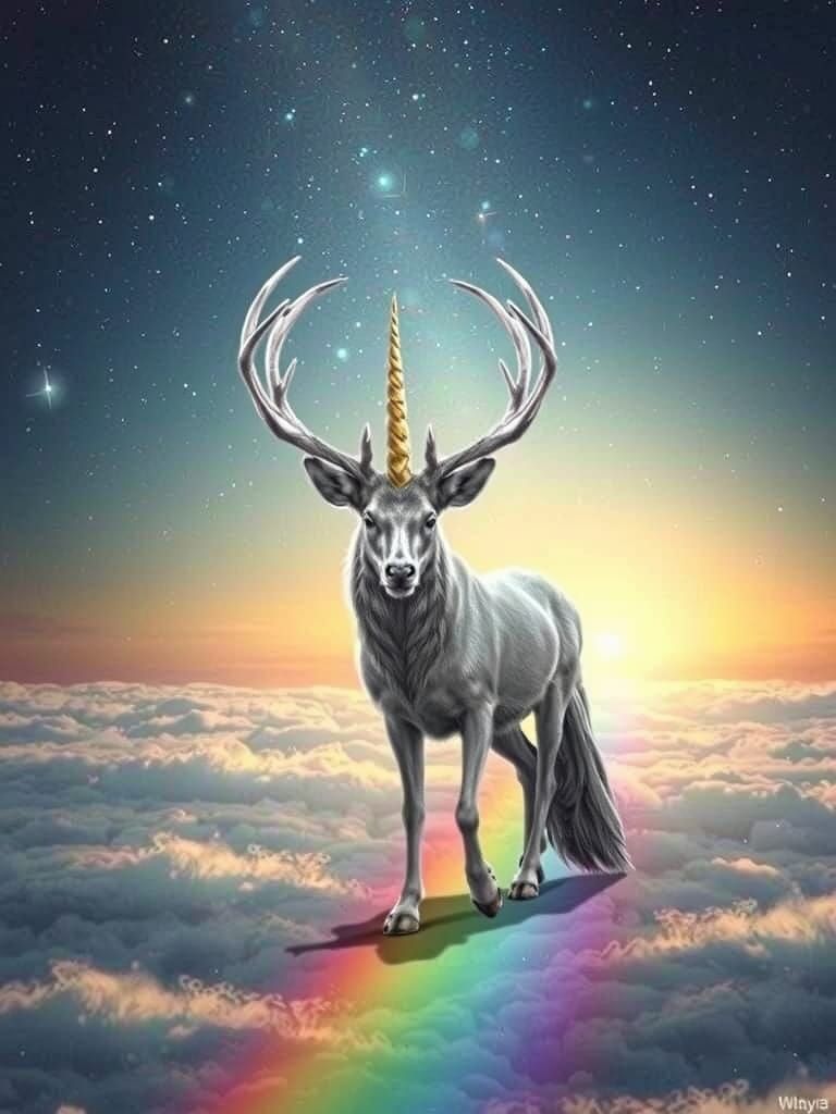 Magical Silver Deer-Fox-Unicorn Fusion in Sky