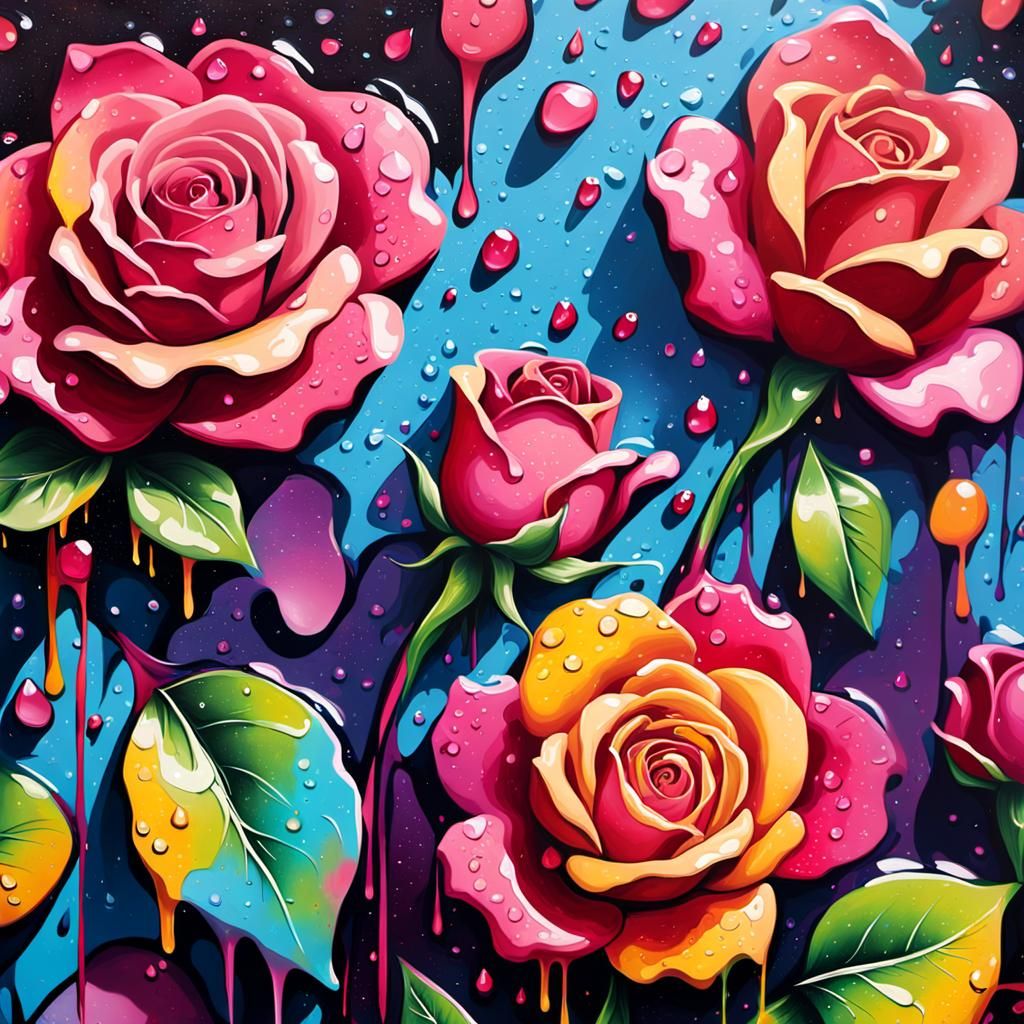 Hyperrealistic Graffiti Art Roses with Water Droplets