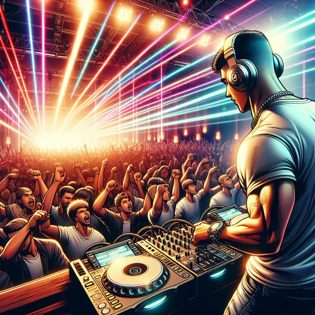 DJ in Nightclub Crowd, 3D Comic Style