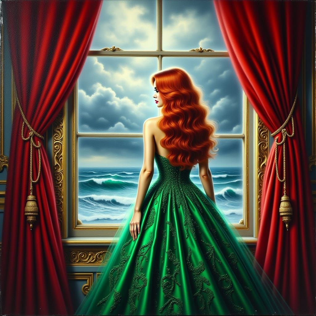 Regal Woman in Emerald Gown by Baroque Window