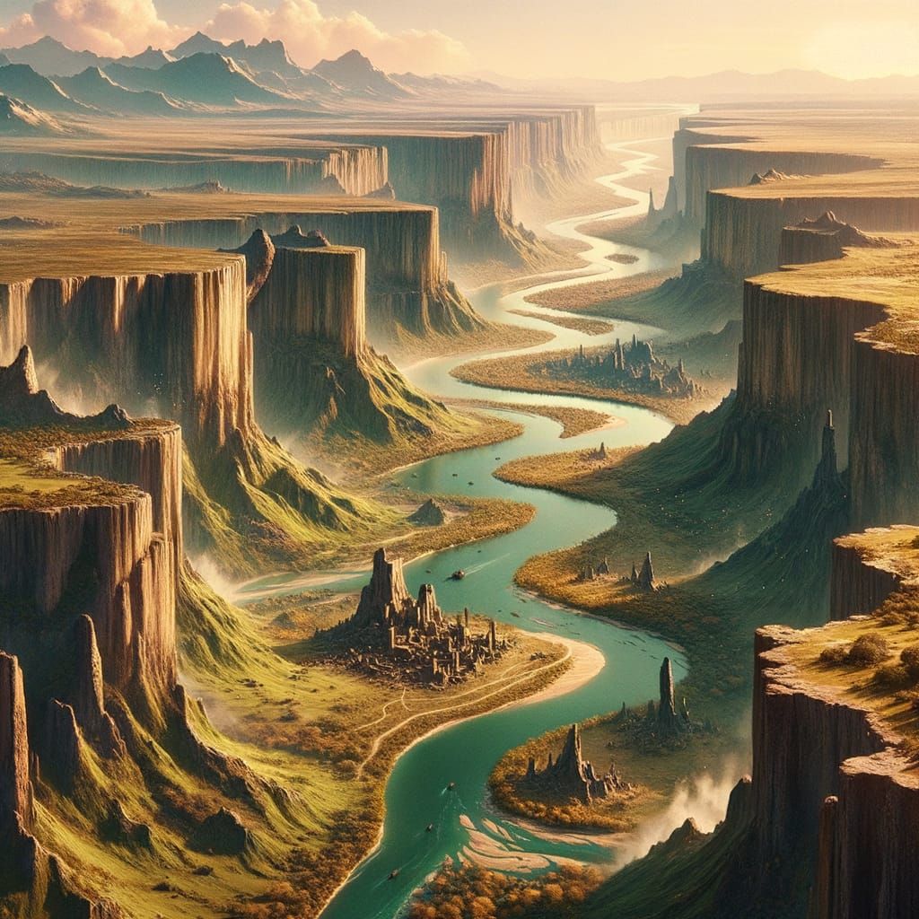Fantasy Landscape with Rivers and Stone Structures
