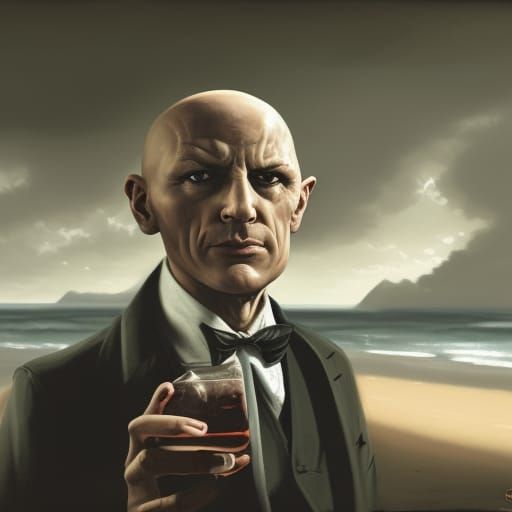 Sinister Bald Man Drinks Cocktail on Beach