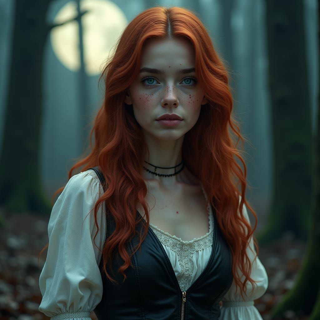 Red-Haired Woman in Dark Fantasy Forest Portrait