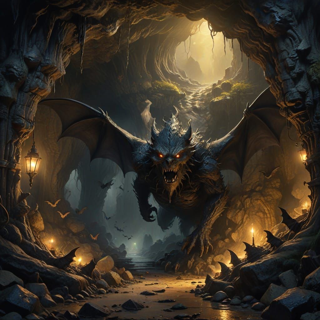 Monster in Bat Cave: Dark Fantasy Charcoal Drawing