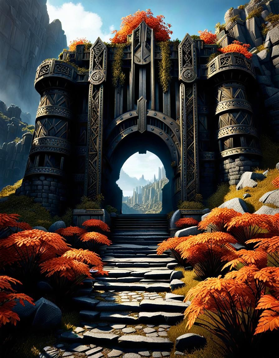 Creepy Dwarven Fortress Gates in Dark Fantasy Style