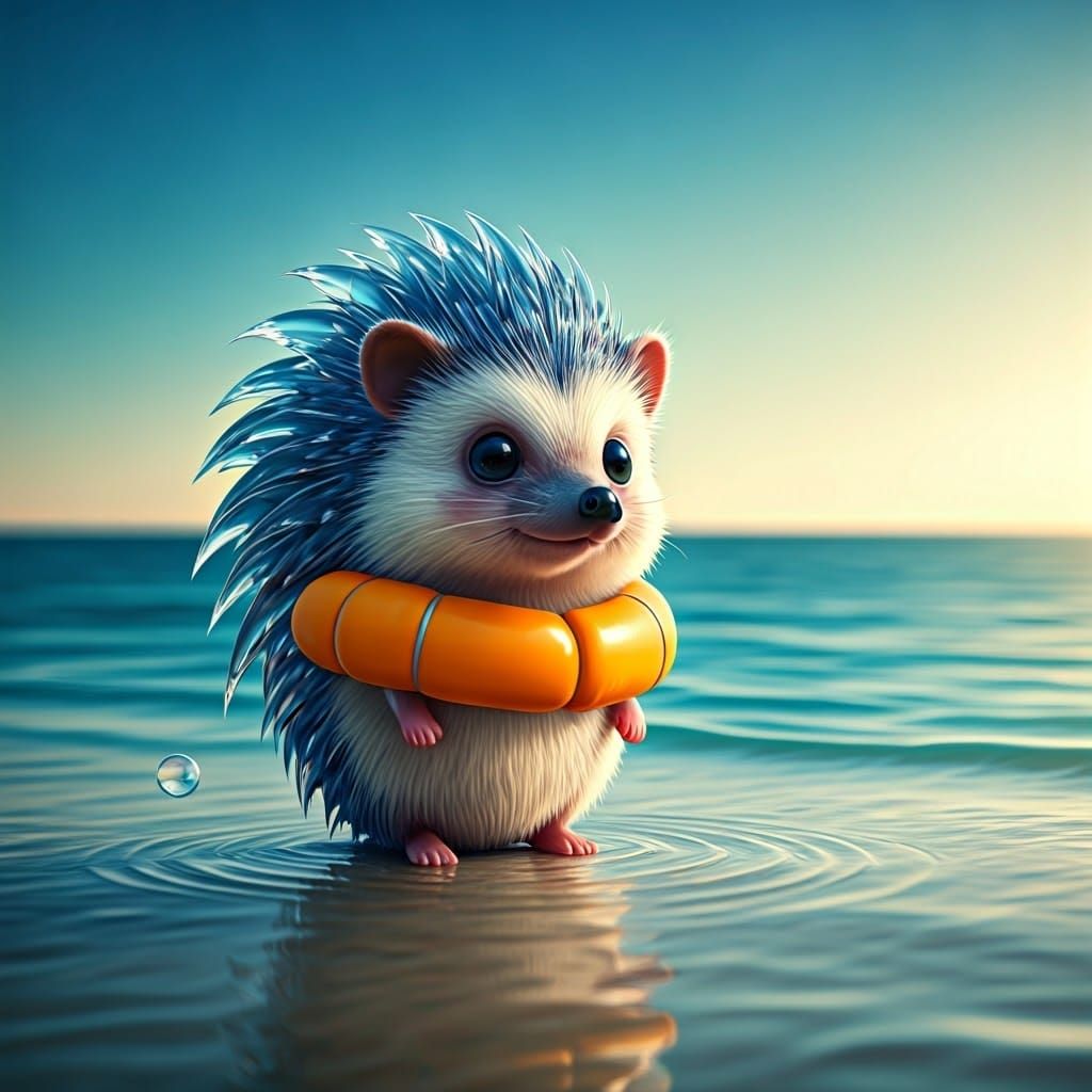 Glass Hedgehog Frolics in Azure Ocean: 3D Render