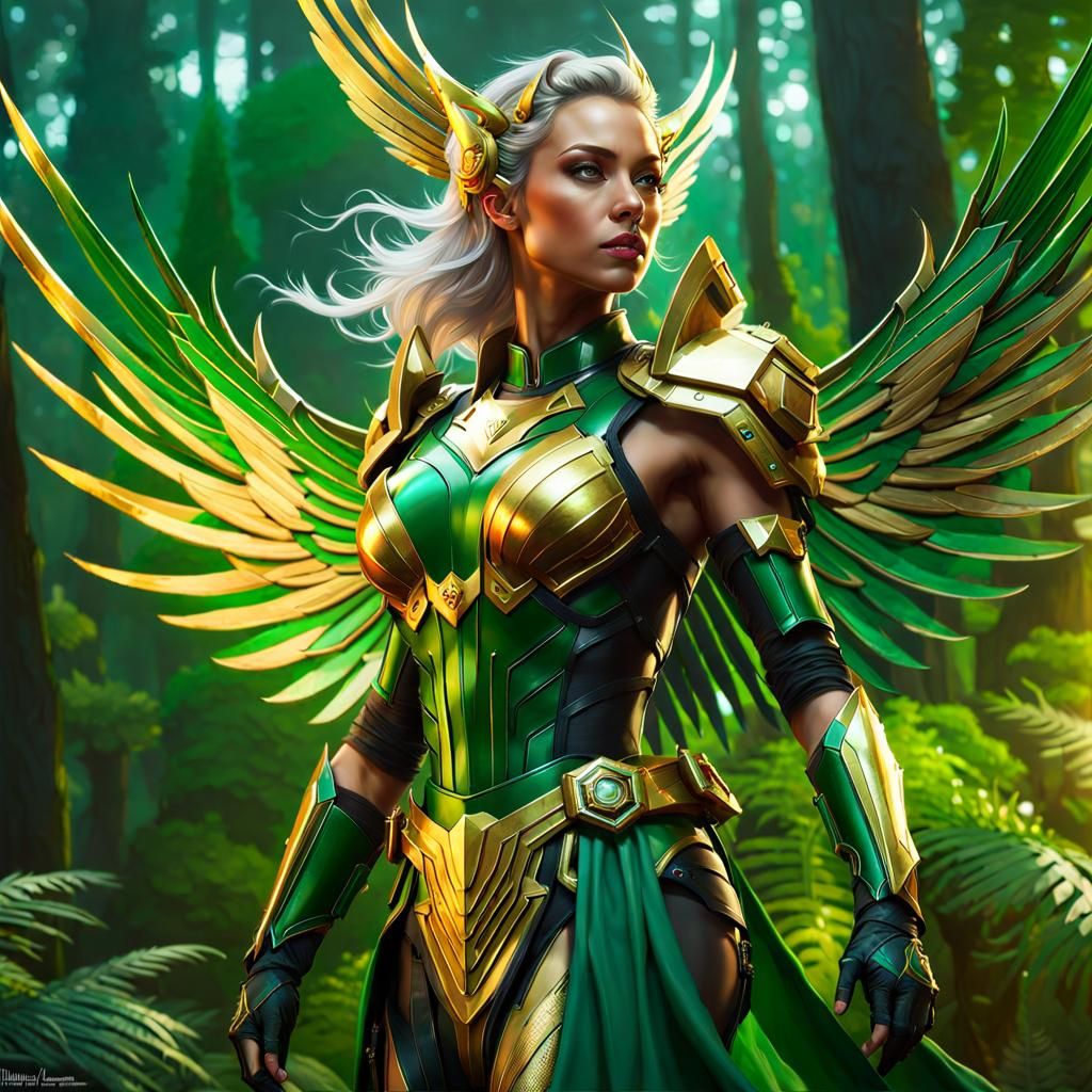 Futuristic Valkyrie in Detailed Green and Gold Armor