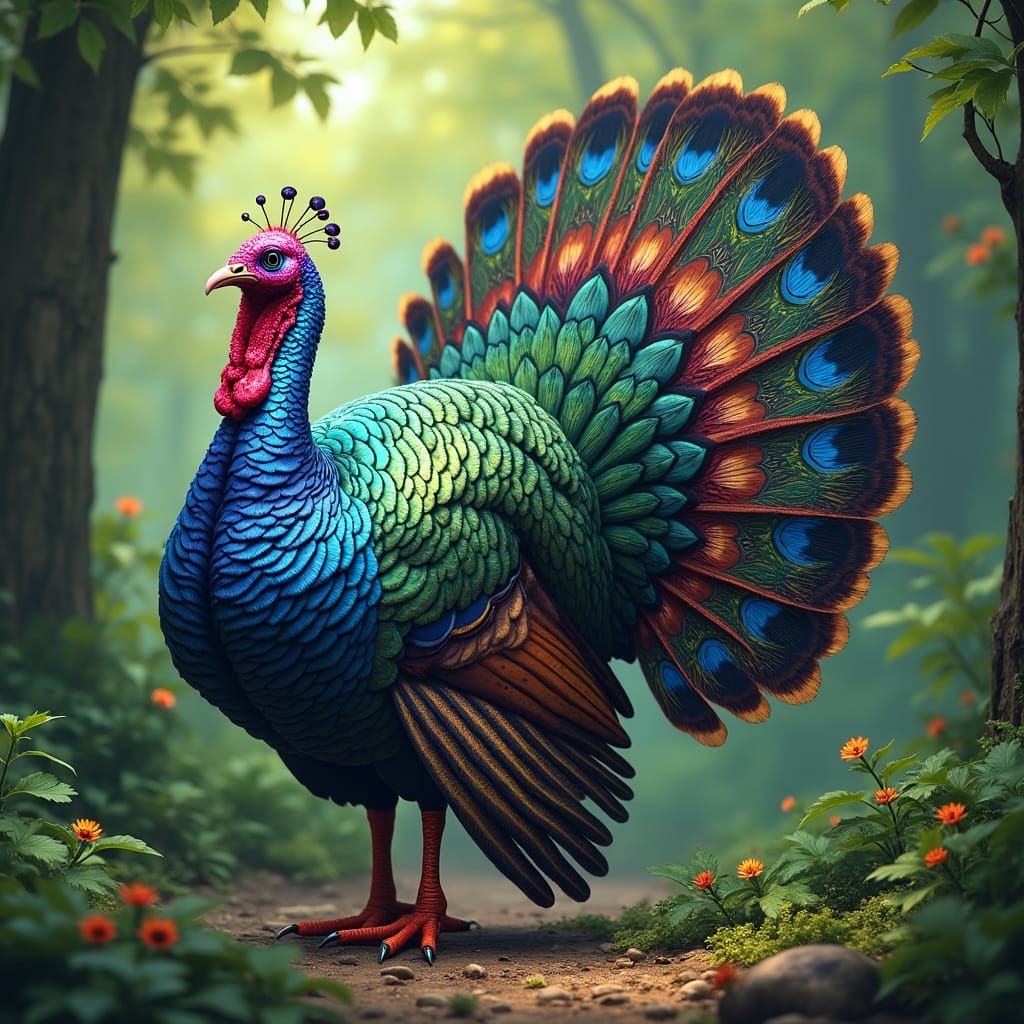 Iridescent Turkey with Peacock Feathers in Baroque Style