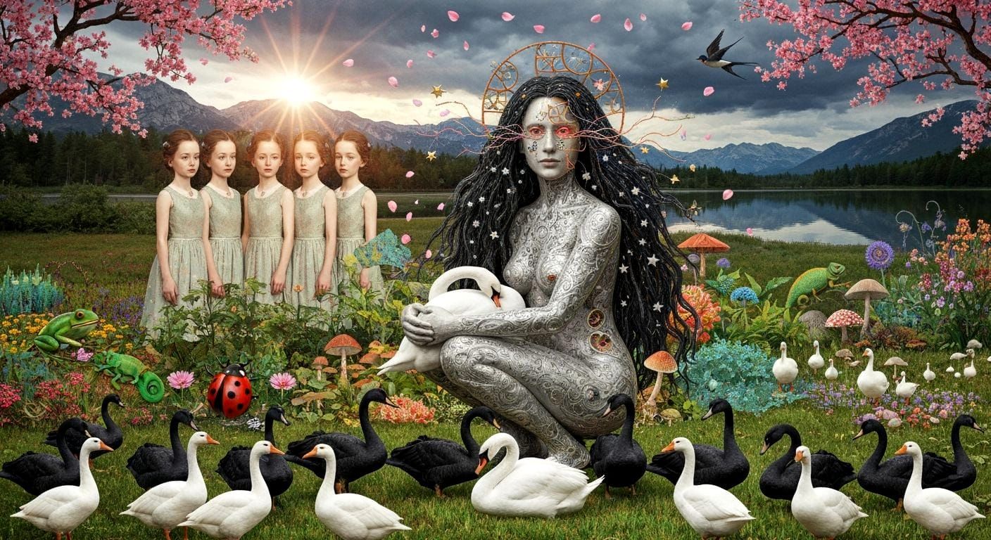 Folkloric Robot Twins in Surreal Eco-Art Garden