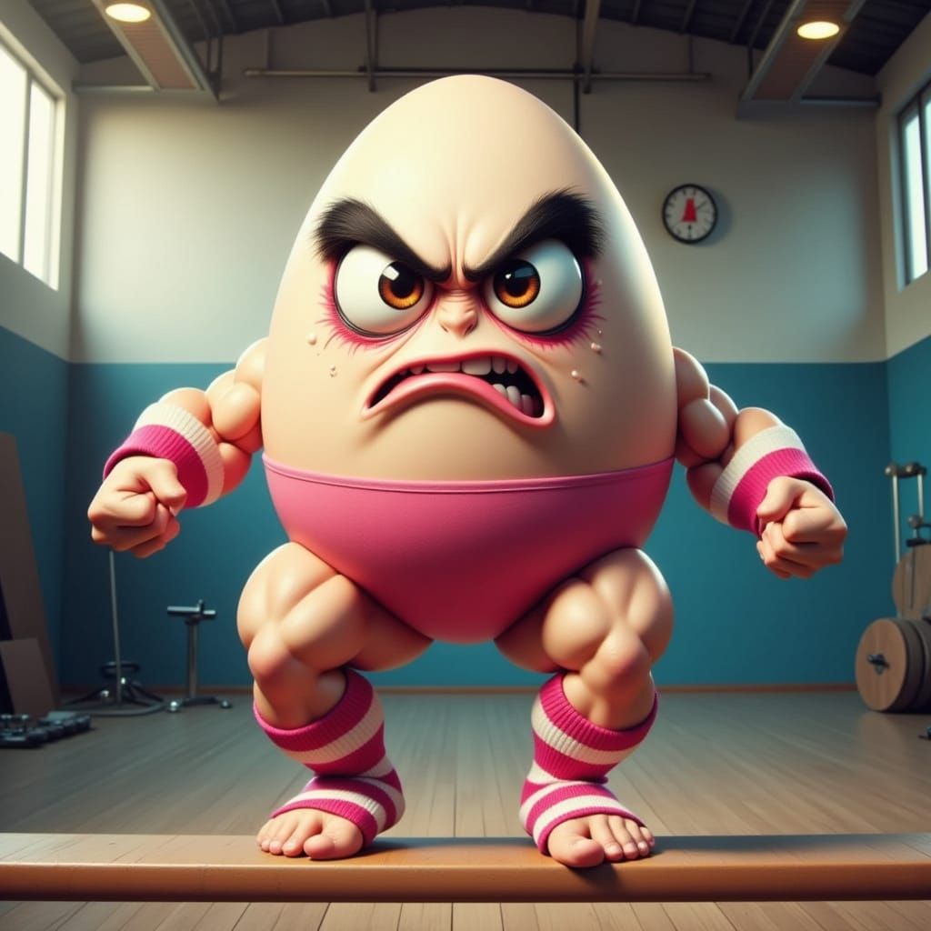 A female angry egg going through a gymnastic routine in an a...