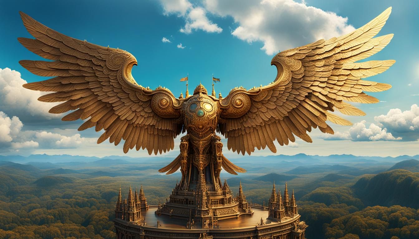 Enormous Bronze Flying Machine with Golden Wings