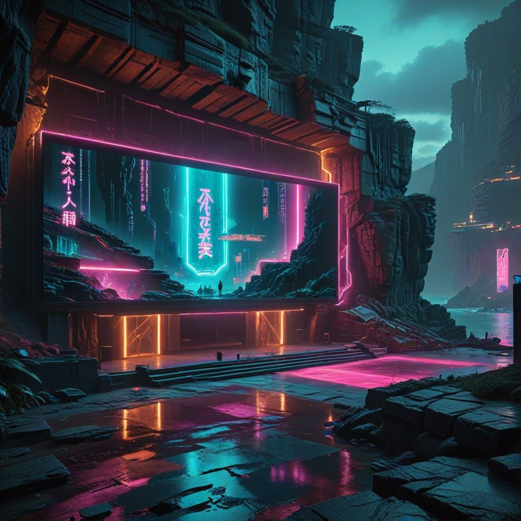 Cyberpunk Minack Theatre Overlooking Neon-Lit Bay