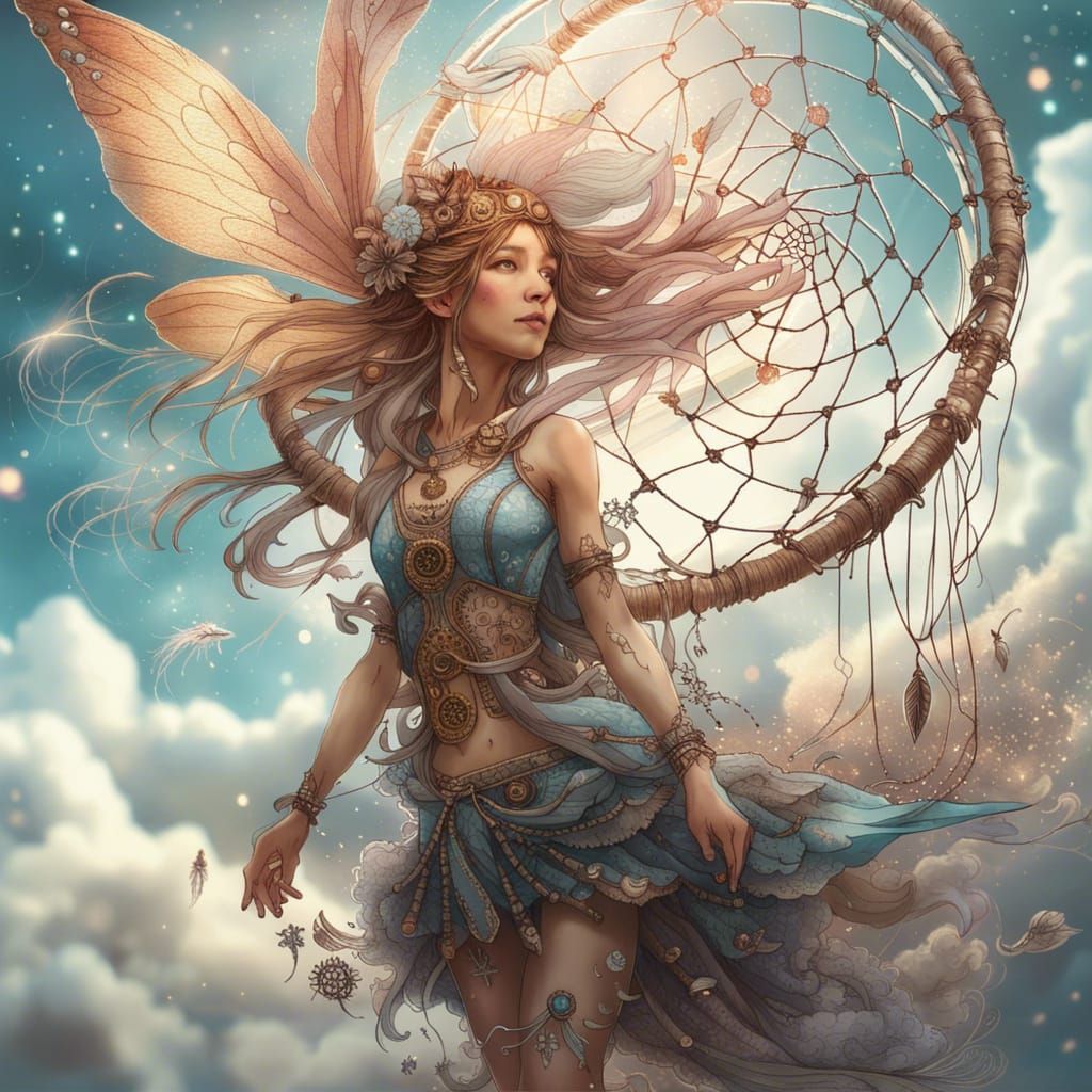 Flying Fairy with Dreamcatcher in Hyperreal Detail