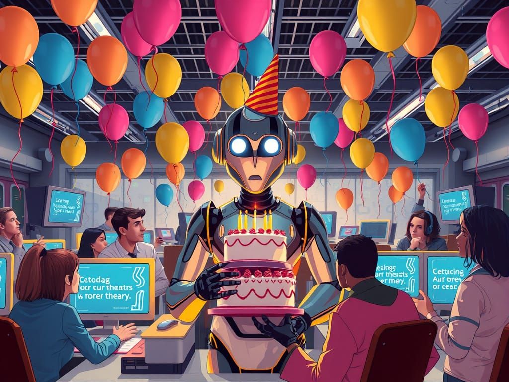 Robot Birthday in Futuristic Office, Syd Mead Style
