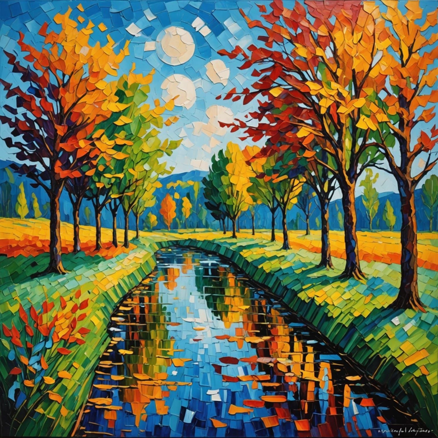 Vibrant Textured Paint Layers in Neo-Impressionist Style