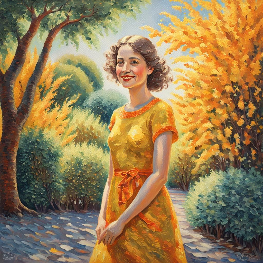 Woman in Garden: A Pointillist Oil Painting