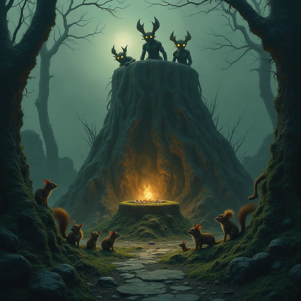 Dark Fantasy Altar Scene with Goblins and Squirrels