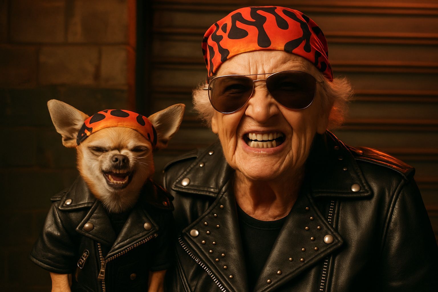 Grandma Rampage & Biker Chihuahua in Retro Garage