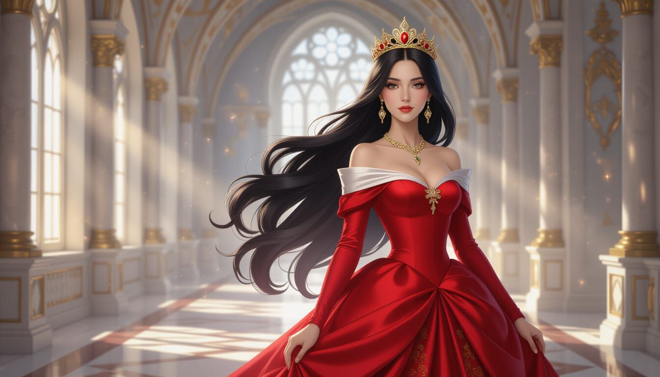 Elegant Princess in Red Dress in Castle Hall
