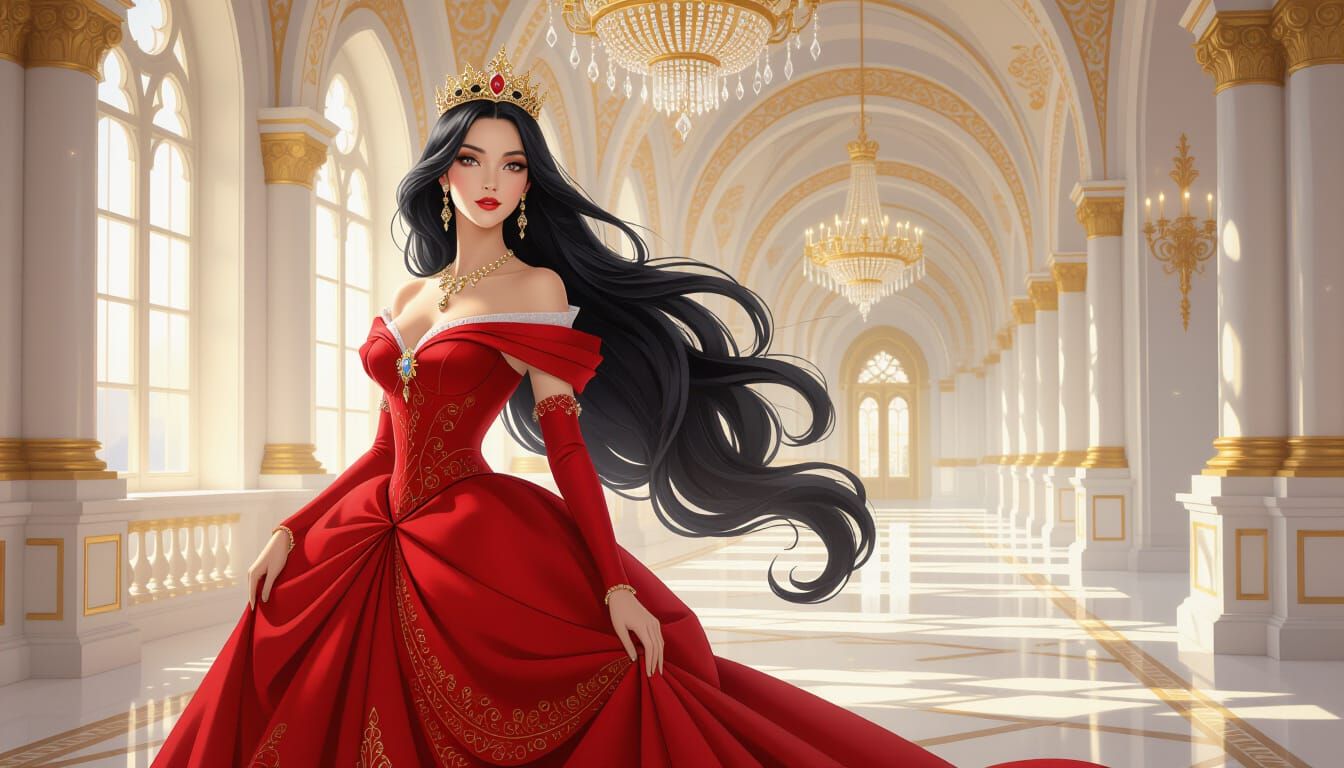 Elegant Princess in Red Dress in Luxurious Castle Hall