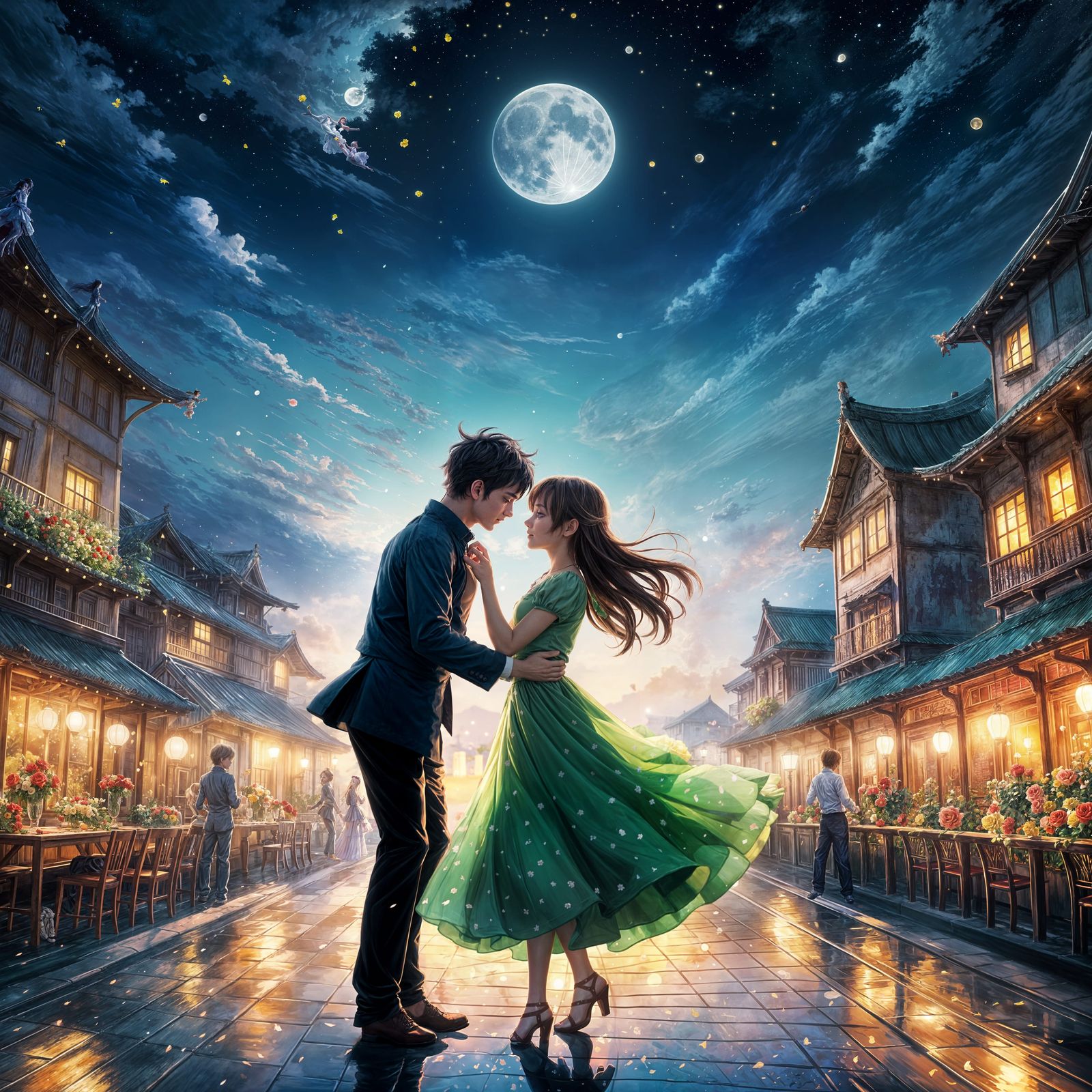 Romantic Dancing Duo Under Full Moonlit Roses