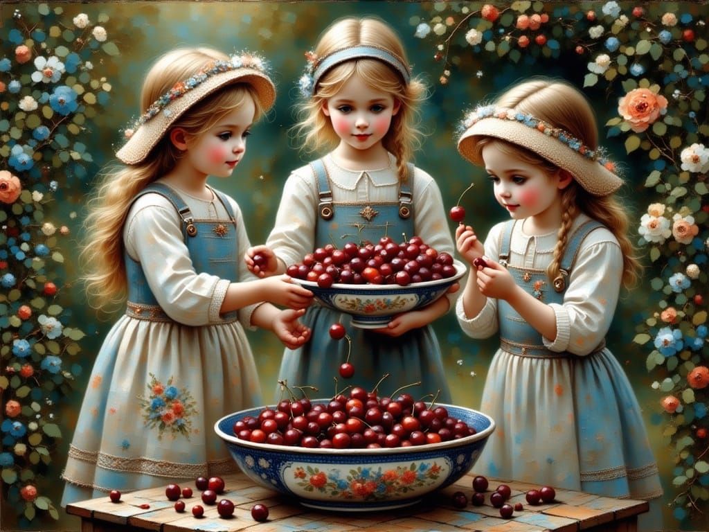 Cute Children Enjoy Cherries in a Vintage Porcelain Bowl on ...