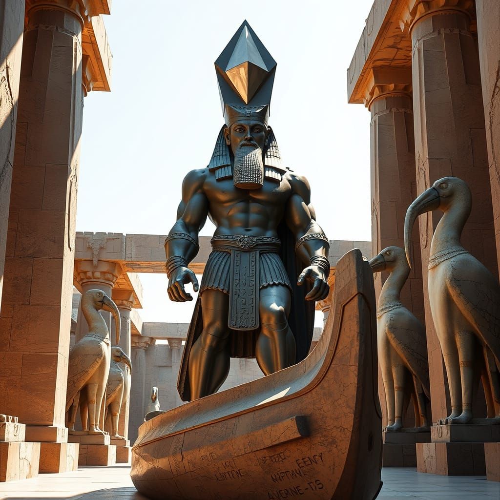 Cubist Enki, Babylonian God on Brutalist Stone Boat
