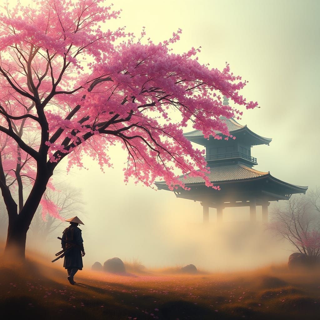 Lone Samurai in Misty Cherry Blossom Forest