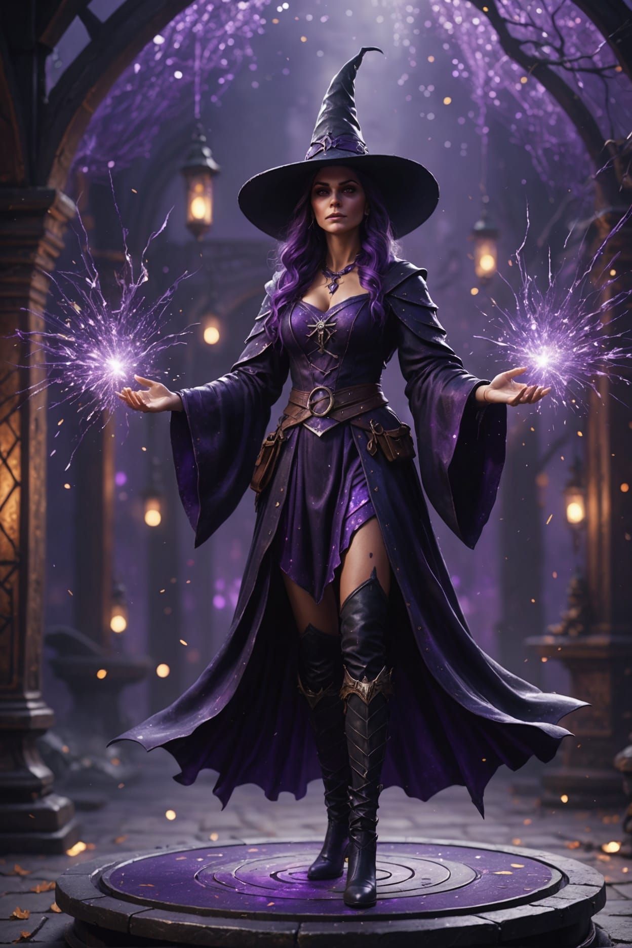 Beautiful Witch with Purple Sparks, Detailed Digital Art