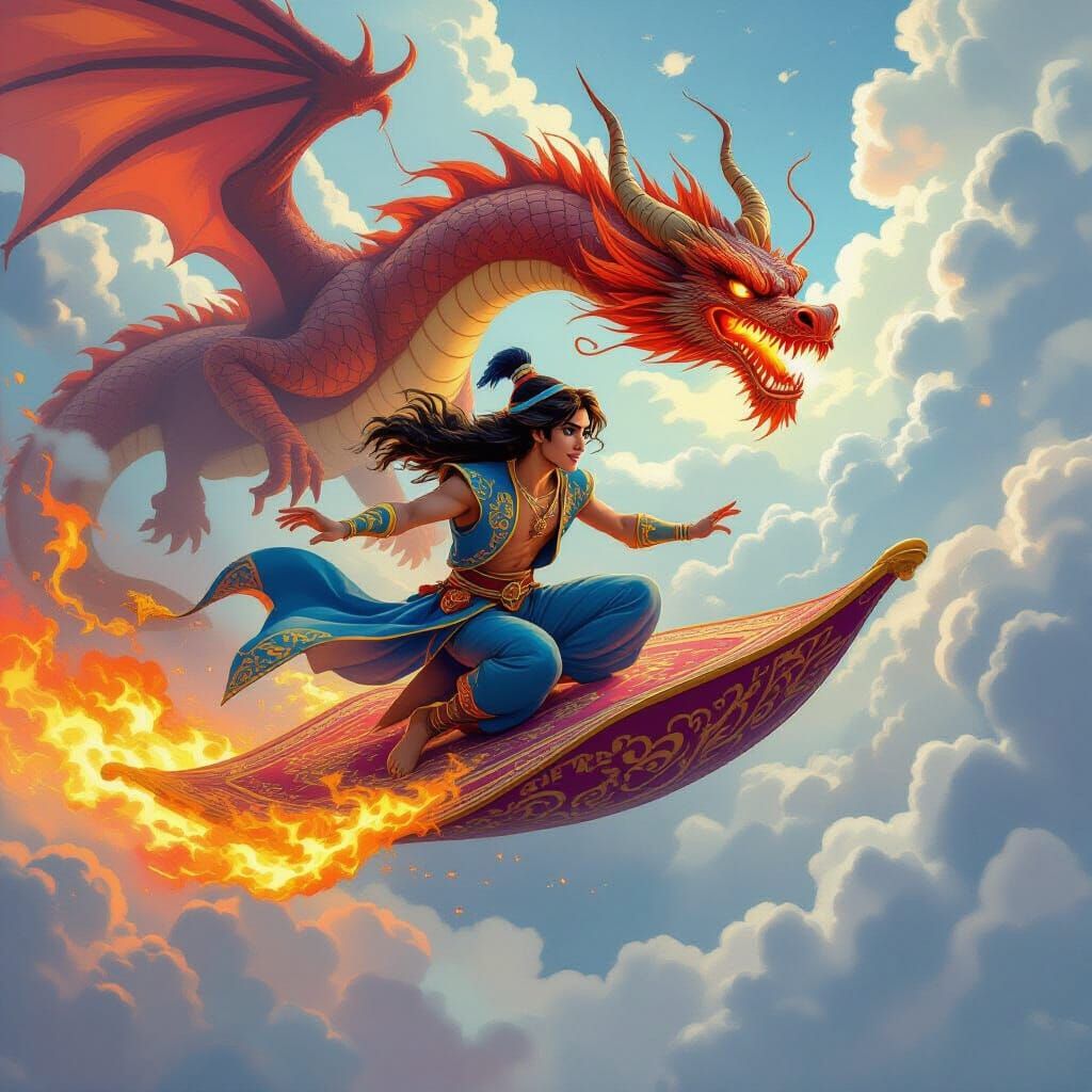 Aladdin Flees Fire Dragon on Flying Carpet