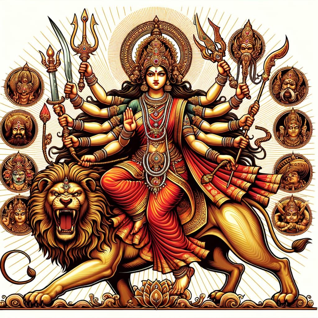 Goddess Durga Vector Illustration with Divine Weapons