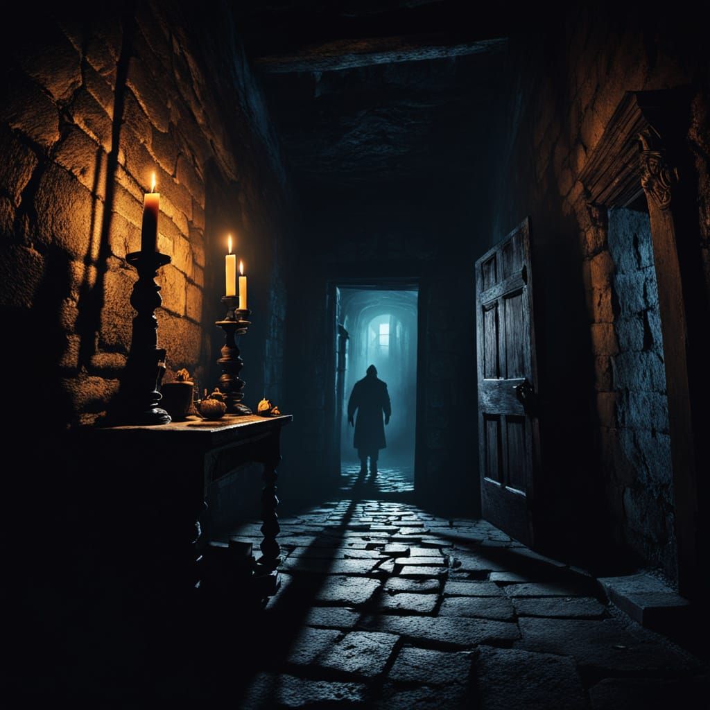 Gothic Murderer in Haunted House, Dark Fantasy Art